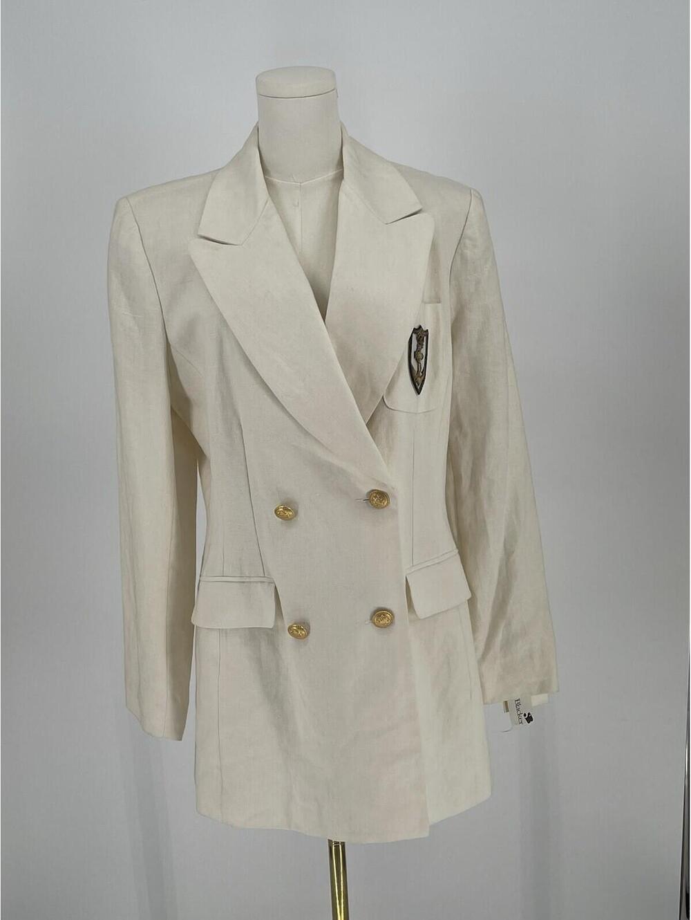 Stanley Blacker Ivory 100% Linen Double Breasted Blazer 12 Nautical Crest NWT